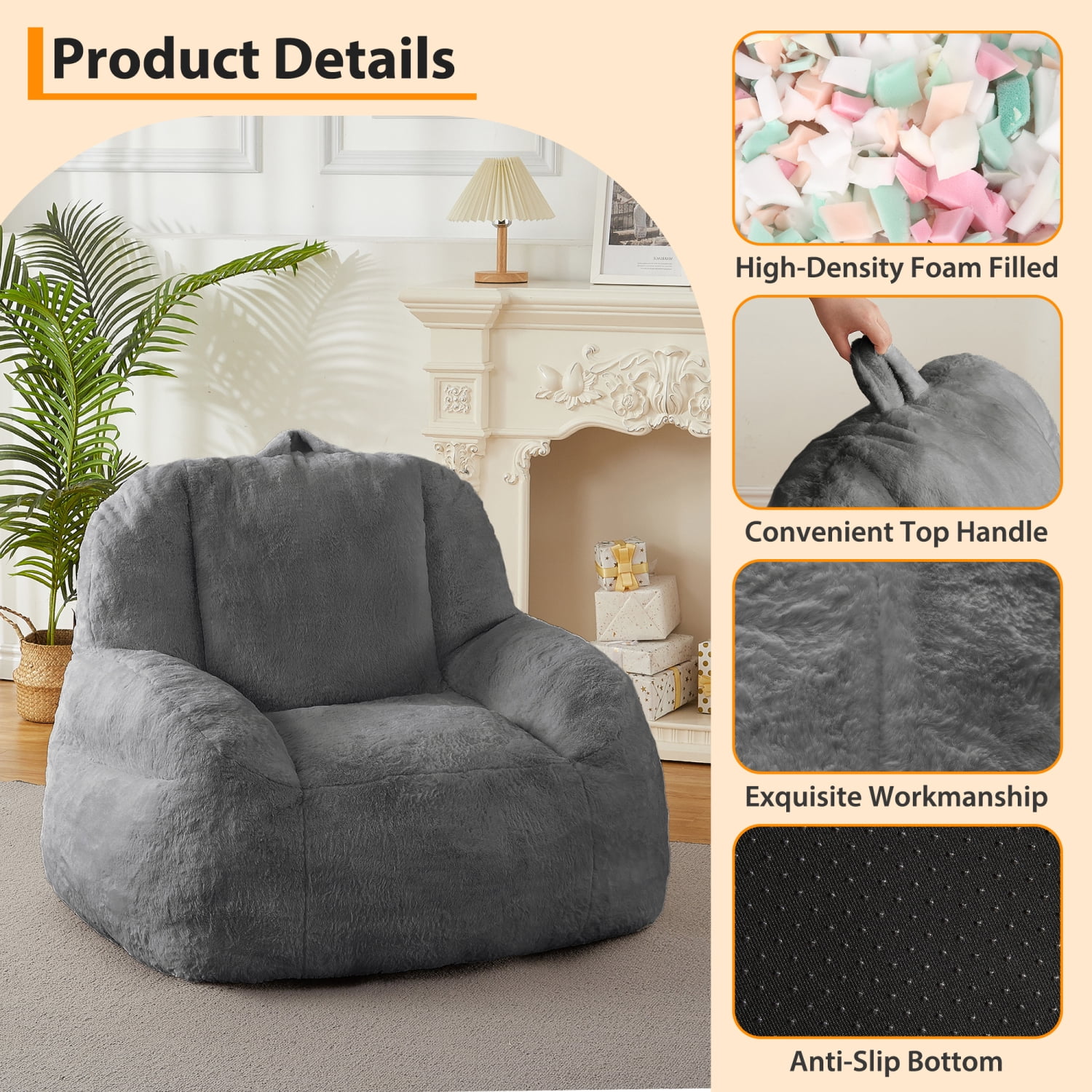 COZONY Large Bean Bag Sofa Chair for Adults and Teens with Filling, Cozy Seating for Living Room, Basement, Game Room,Dark gray