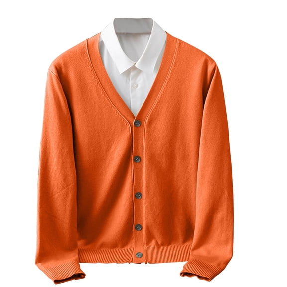 nerohusy Mens V-Neck Sweater Elegant Business Long Sleeve Button Down Cardigans for Men Basic Knitted Sweater with Fake Pockets Orange,L