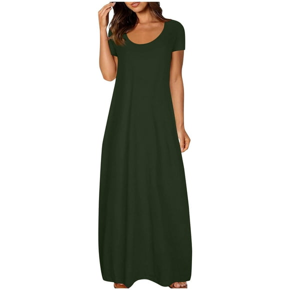 LOVZFMLL Dresses for Women Crew Neck Solid Short Sleeve/Sleeveless Summer Tank Dresses Casual Loose Beach Maxi Sundresses Dark Green 3XL