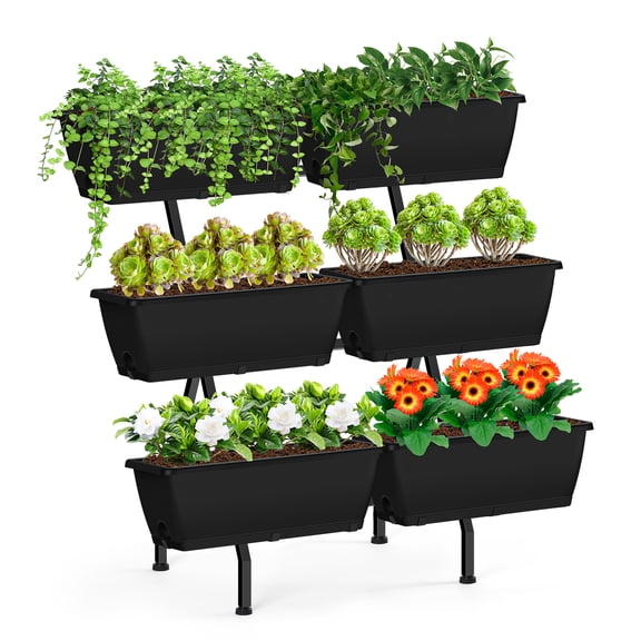 Elevated Garden Bed Attached Legs, 2 Rails Vertical Garden Planter Outdoor/Indoor Elevated Flower Pot Box Terrace Garden Herbs Standing Flower Pot Comes with 6 Vegetable/Plant Flower Pots