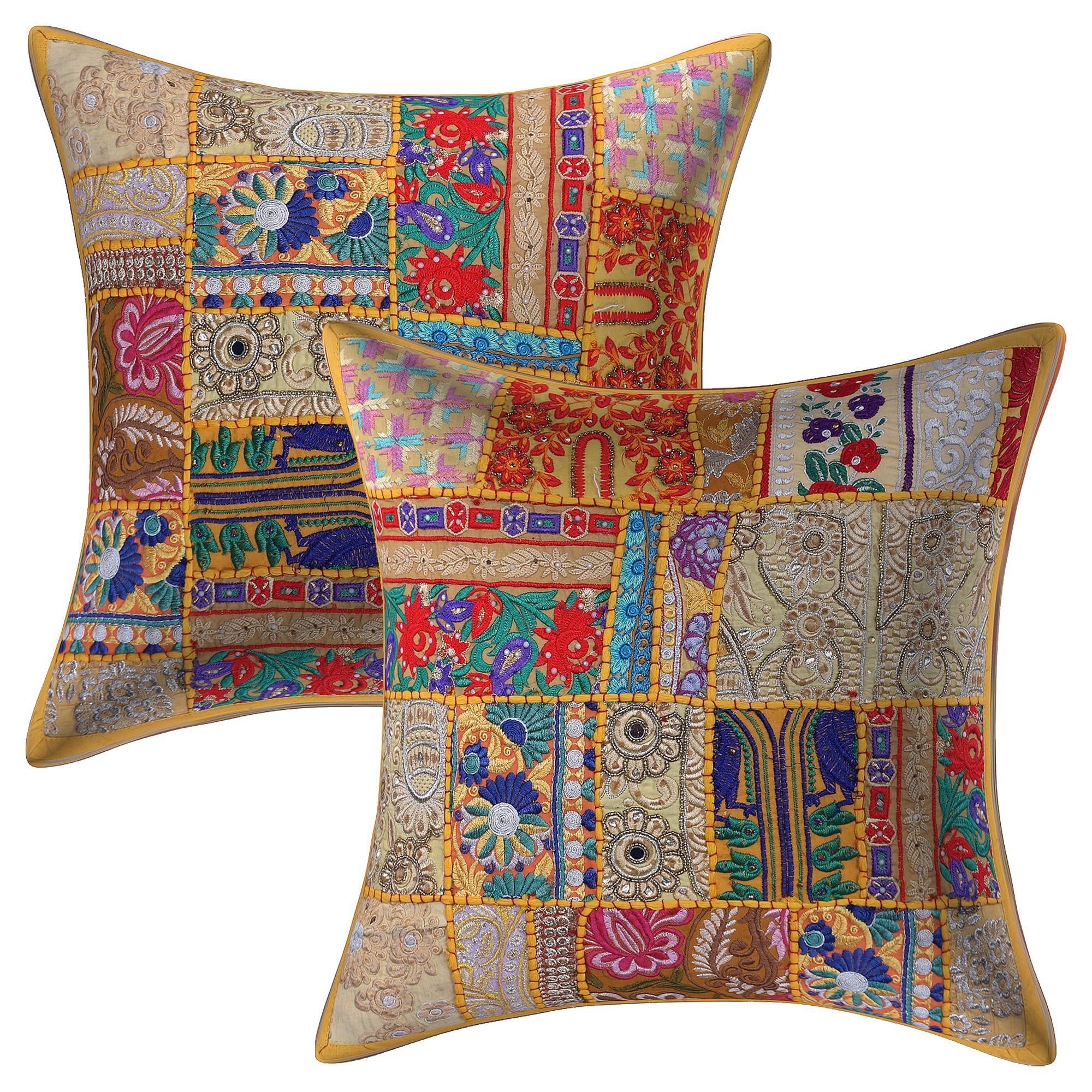 Yellow 20x20 Square Cotton Sari Silk Decorative Throw Pillow