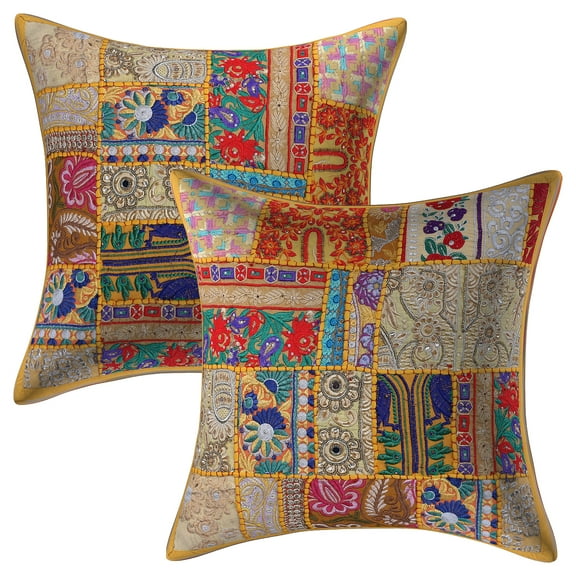 Stylo Culture Ethnic Cotton Home Decor Throw Pillow Covers Mango Yellow 18 x 18 Bohemian Vintage Patchwork Ethnic Sofa Cushion Covers 45x45 cm Living Room Abstract Square Pillow Cases | Set Of 2