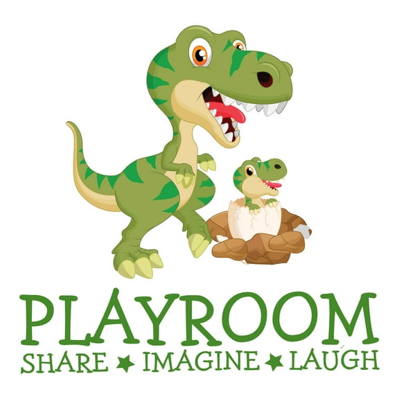 Happy Cute Dinosaurs Family Nursery Wall ArtWall Decal Decoration Playroom Share Imagine Laugh Joyful Cartoon Cartoon Animals Decorating Ideas for Child's Bedroom Size: 10 In(W) x 10 In(H)