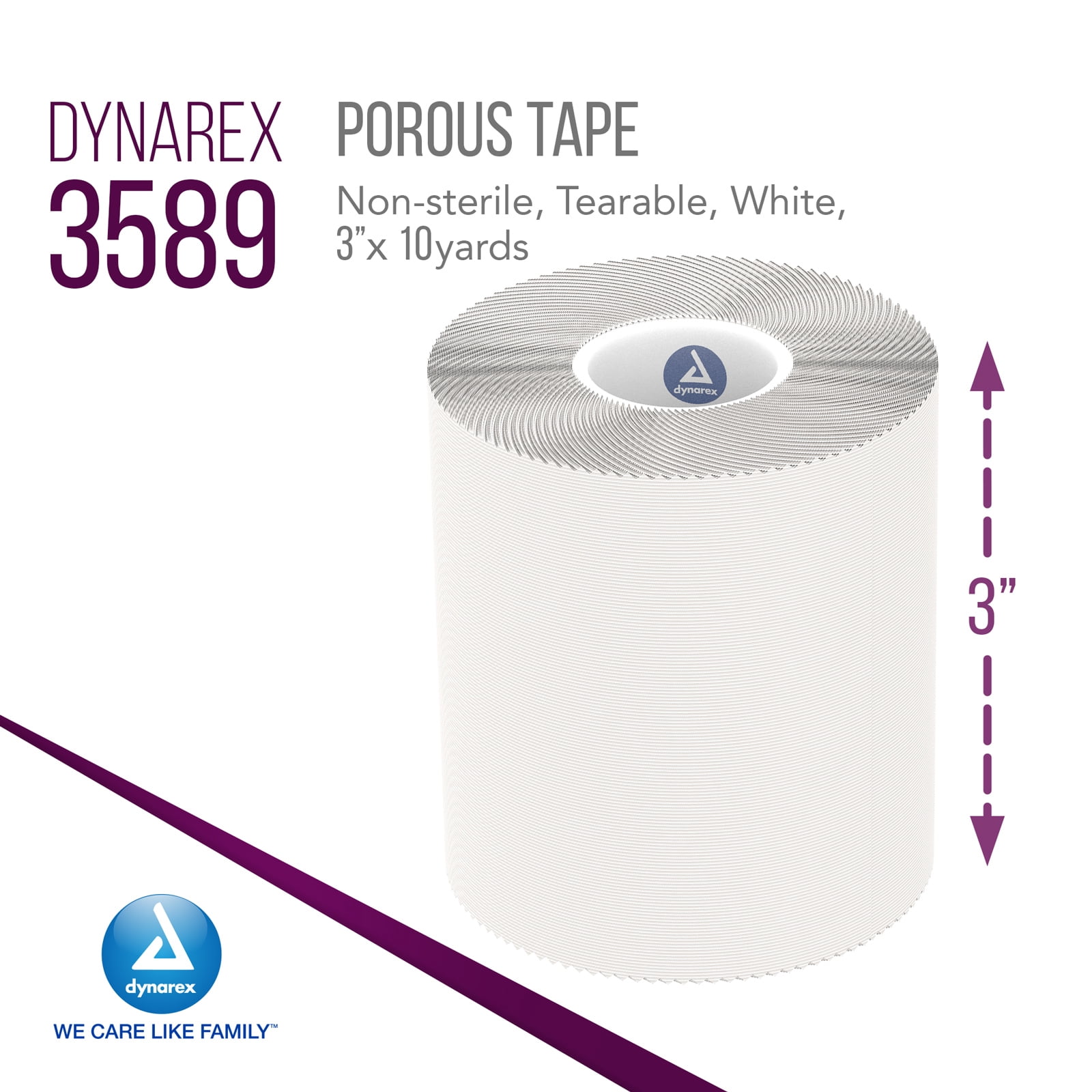 Dynarex Porous Tape - Medical Tape for Wound Care - Non Sterile, Easy to Tear Adhesive Fabric Tape, No Natural Rubber Latex - White, 3" x 10 Yards Per Roll, 1 Case - 48 Rolls
