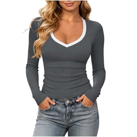 yillto Womens Tops Fall Fashion Basic Long Sleeve Scoop Neck Going out Stretchy Slim Tees T Shirts