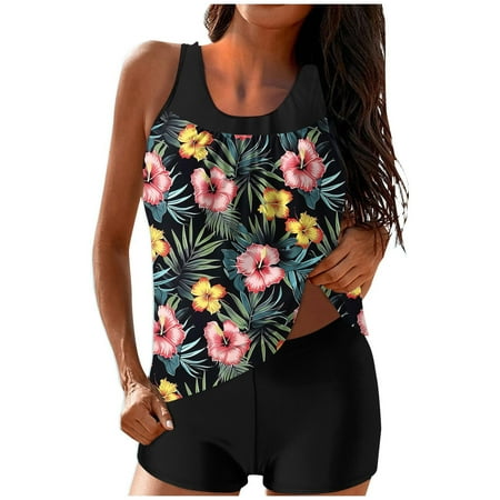 ZQGJB Blouson Tankini Swimsuits for Women Two Pieces Summer Tropical Printed Beach Flowy Swim Tank Top and Boyshorts Tummy Control Bathing Suits(Black#01 M)