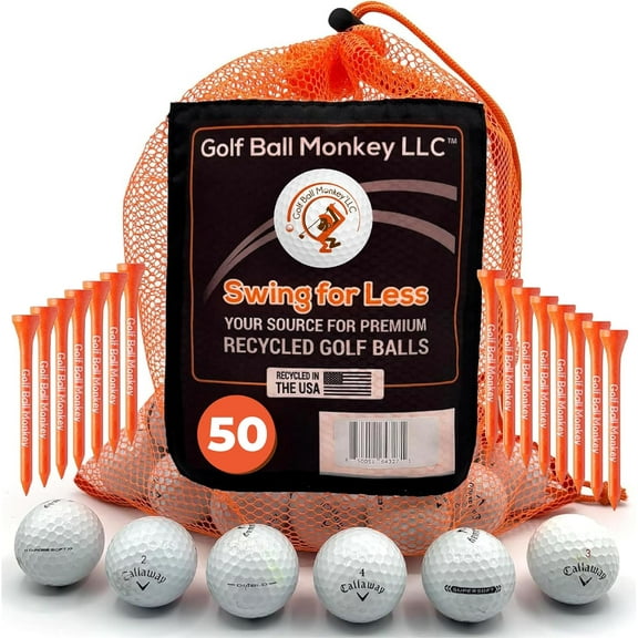 Golf Ball Monkey Cheap Recycled Golf Balls for Callaway 50 Mix White - Good Condition - for Callaway Supersoft, Superhot, Warbirds, Diablo, Chromesoft & Hex Tour Soft w/ Tees and Mesh Bag