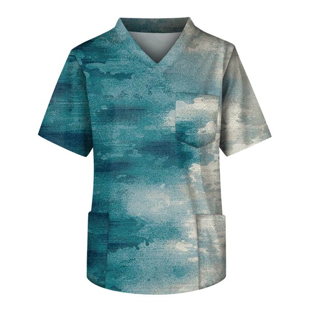 Plus SizePrinted Scrub Working Uniform Tops For Men's Cross V-Neck Short Sleeve Fun T-Shirts Workwear Tee With Pockets
