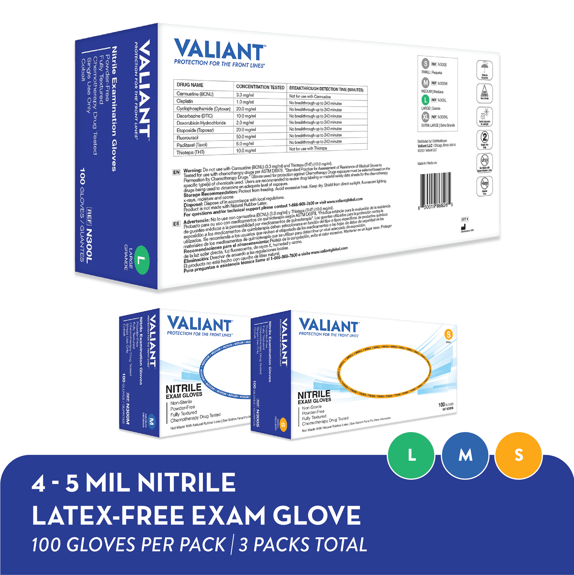 Valiant N300 Nitrile Exam Gloves, Single Use Only, Full Palm and Fingertip Textured, Cobalt, 100 Per Box, 1 Box of Each Sizes Small, Medium, and Large