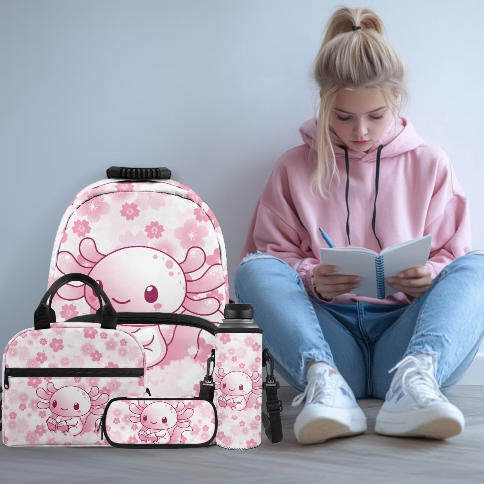 XYZCANDO Axolotl Kids Backpack Set for Girls 4Pcs with Lunch Bag Pencil Case Water Bottle Carrier Fashion Cherry Blossom Bookbag for Teens Girls Middle School