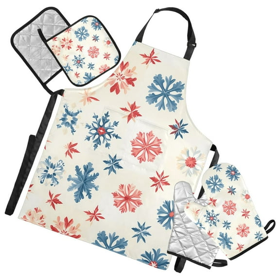 5 Pcs Kitchen Set Heat Resistant Oven Mitts and Non-Slip Pot Holders with Adjustable Cooking Apron Red Blue Snowflakes