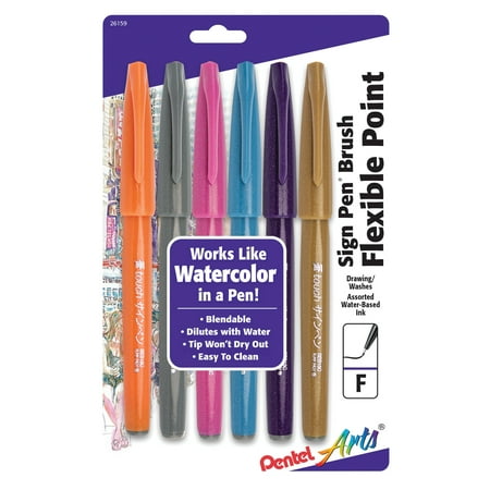UPC: 0072512261606 | Pentel Sign Pen Brush Tip Set  6-Colors  Fashion