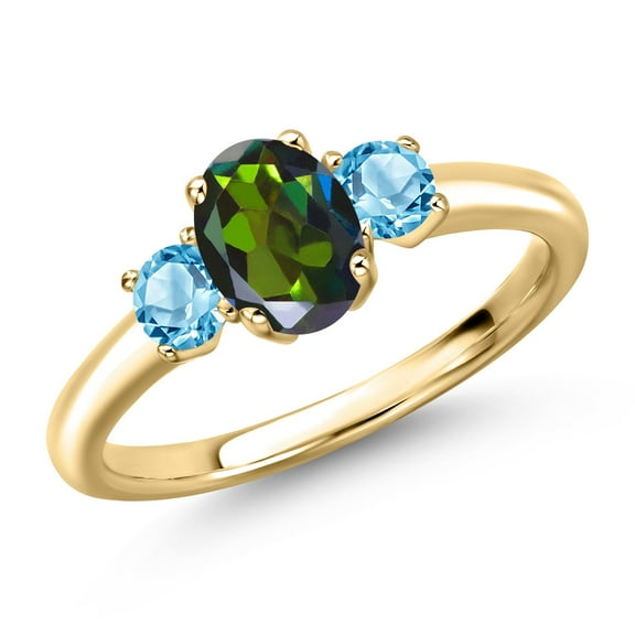 Gem Stone King 10K Yellow Gold Tourmaline Green Mystic Topaz and Swiss Blue Topaz Engagement Ring for Women | 1.20 Cttw | Oval 7X5MM | Gemstone November Birthstone | Size 9