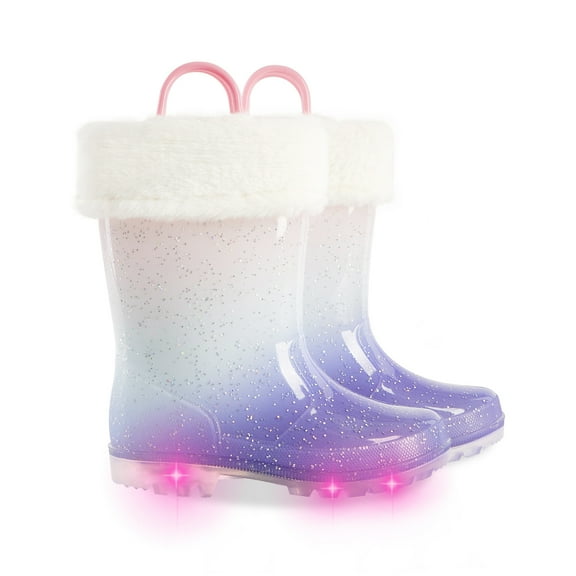 Kids Toddler Light up Rain Boots for Girls Winter Warm Glitter Boots with Removable Lining, Purple Gradient, Size 13