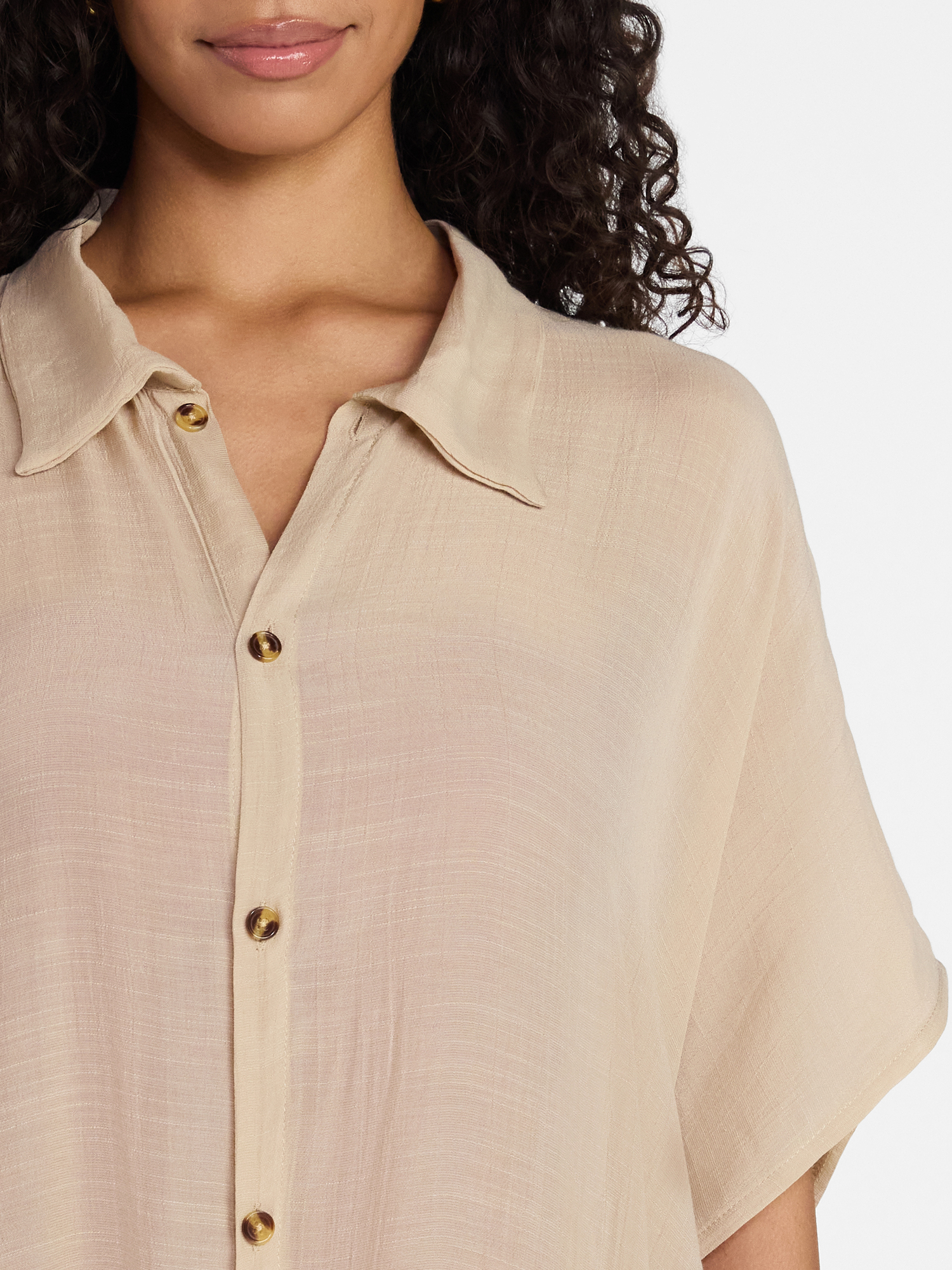 Time and Tru Women's Button Down Cover-Up, Light Tan, Sizes S/M