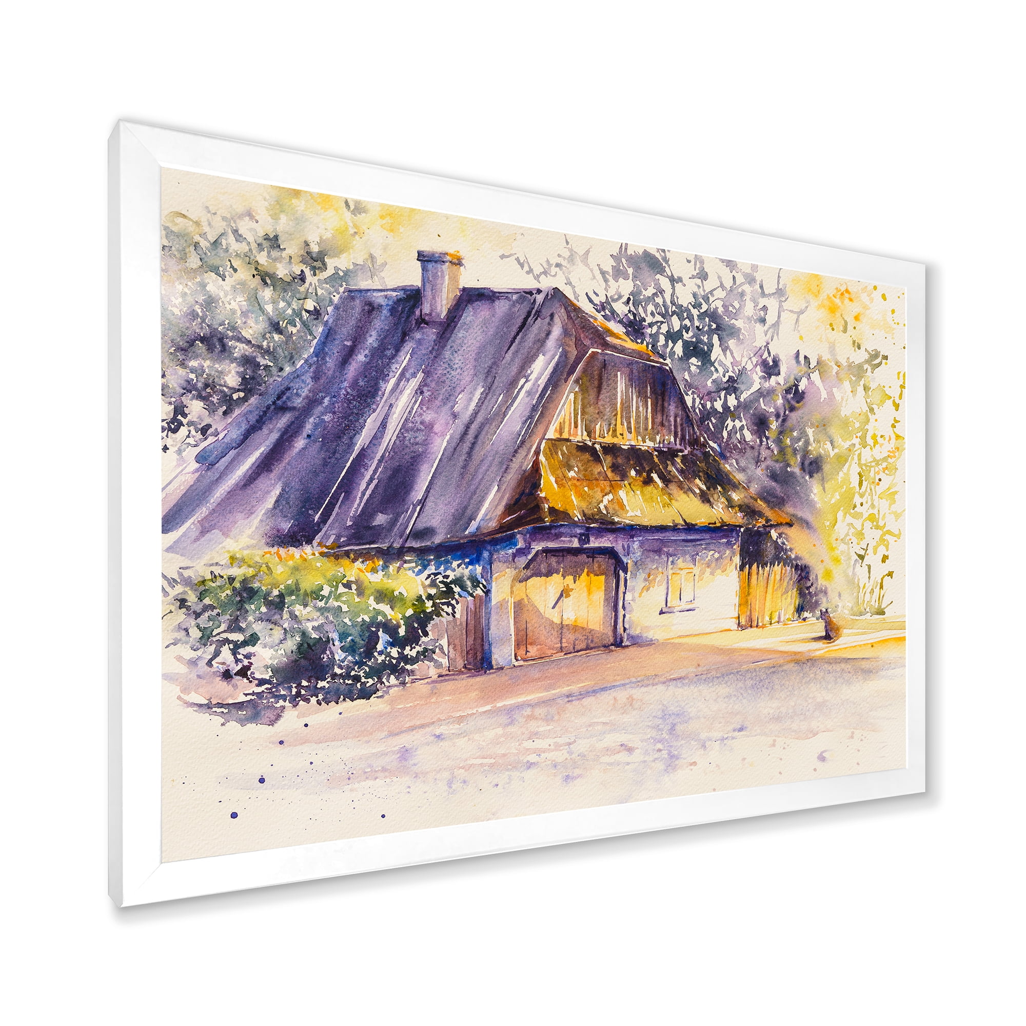 Old Wooden White House In Country Side Village During Afternoon Glow 32 in x 24 in Framed Painting Canvas Art Print, by Designart