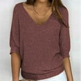 thumbnail image 2 of DeHolifer Womens Tops Plus Size V-Neck Solid Color 3/4 Sleeve Knitted Casual Pullover Tops Brown 5XL, 2 of 6