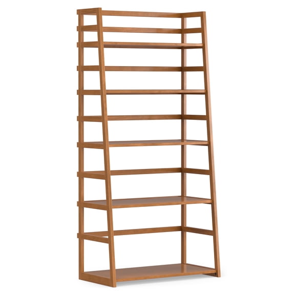 Simpli Home Acadian 63 inch x 30 inch Solid Wood Transitional Ladder Shelf Bookcase in Light Golden Brown
