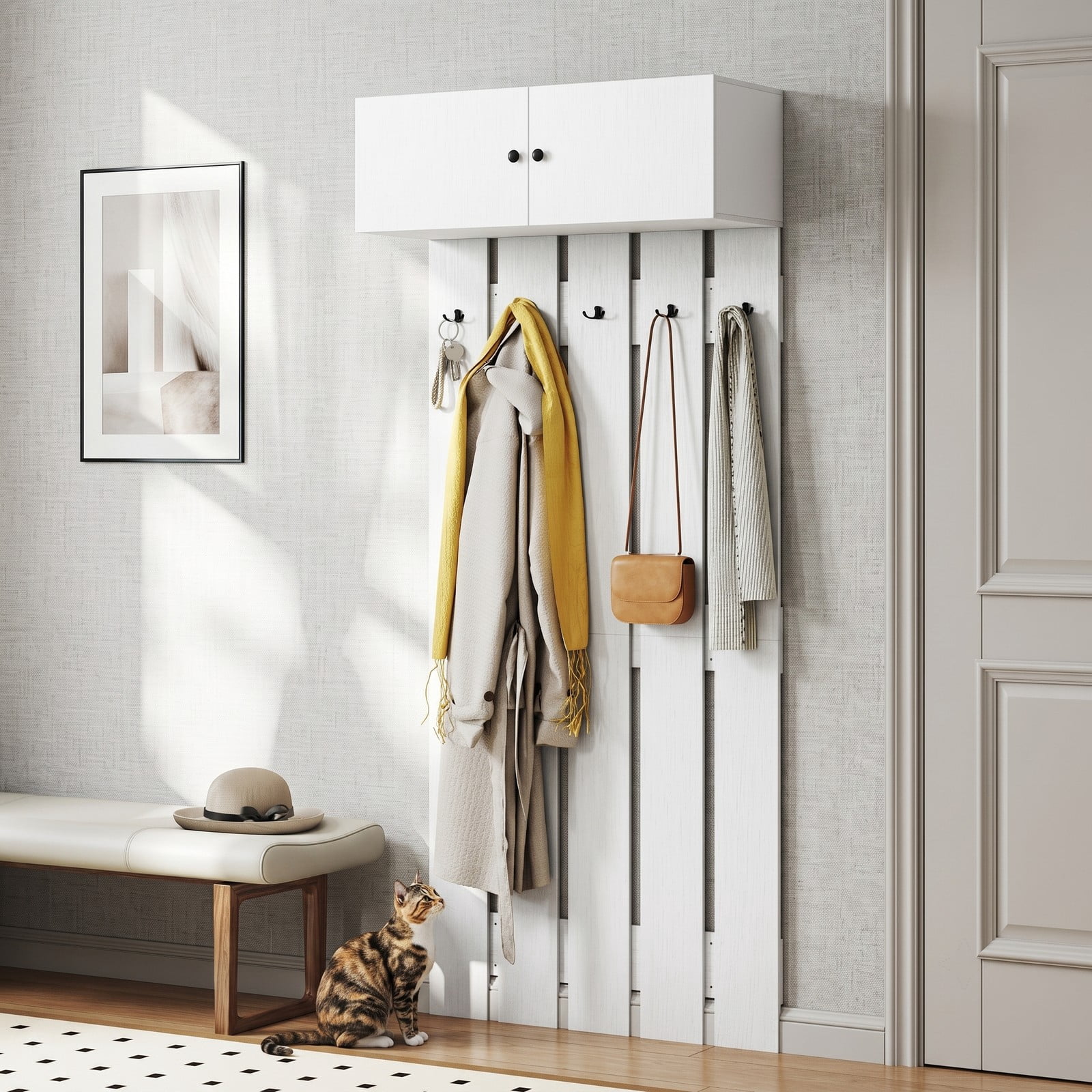 Furnibear Wall Mounted Coat Rack with Upper Storage Cabinet and 5 Metal Hooks for Entryway Kitchen and Living Room, White