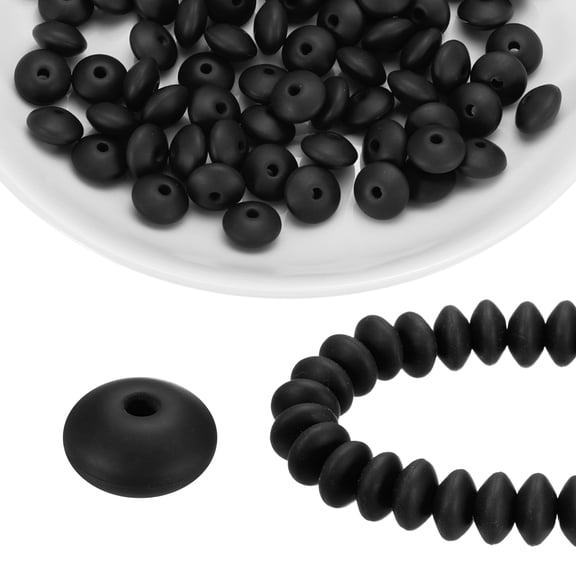 100Pcs Silicone Beads 12mm Lentil Rubber Focal Beads Bulk for Pens Keychain Bracelet Necklace DIY Crafts Making, Black