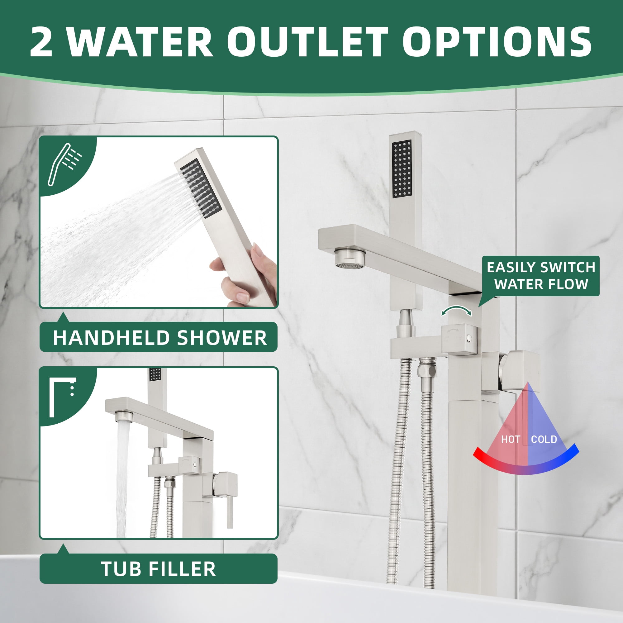 Free Standing Tub Faucet, 360°Swivel High Flow Freestanding Bathtub Faucet with Handheld Shower, Brass Body Tub Filler for Modern Bathroom, Brushed Nickel