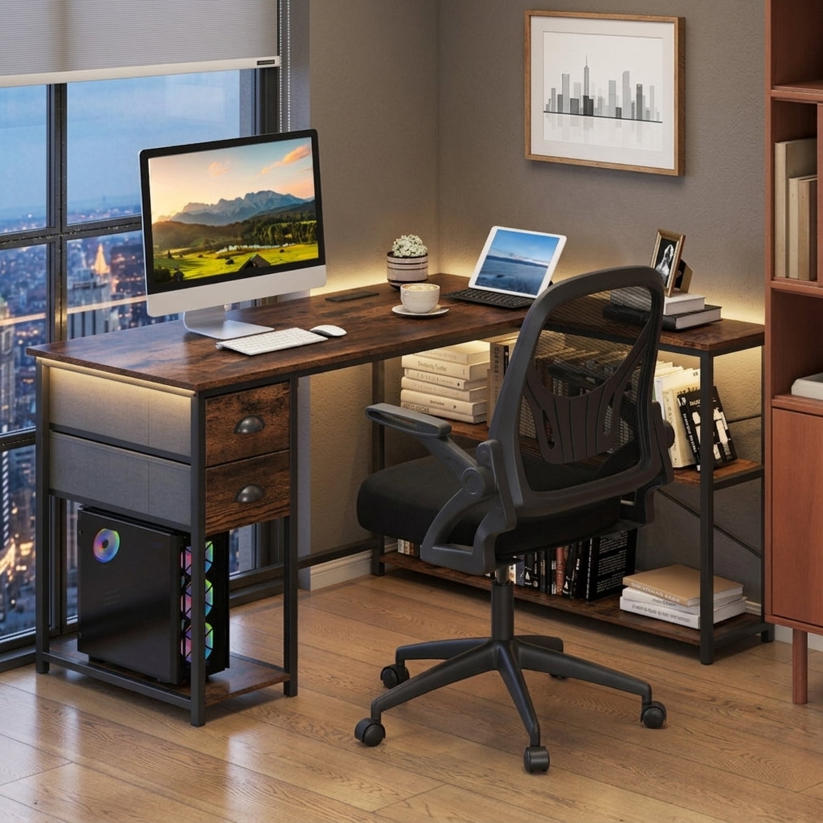 Furnibear L Shaped Desk with Charging Station, Corner Computer Desk with 2 Fabric Drawers Open Shelves and Metal Frame for Home Office, Rustic Brown