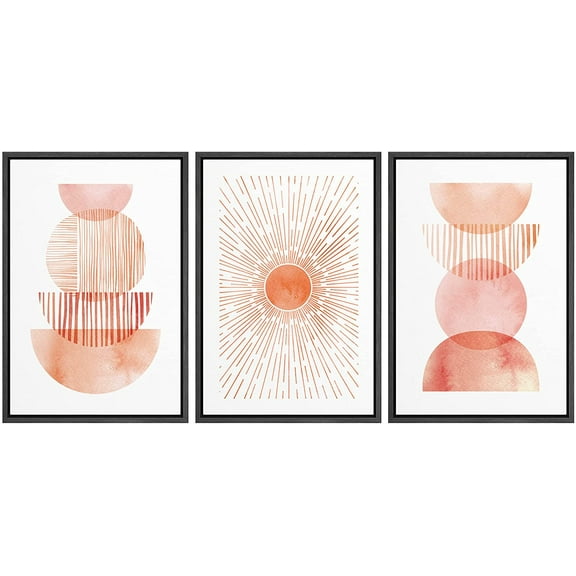 wall26 Framed Wall Art Print Set Orange Watercolor Shining Sun and Semi Circles Abstract Shapes Illustrations Modern Art Bohemian Colorful Warm for Living Room, Bedroom, Office - 16"x24"x3 Black
