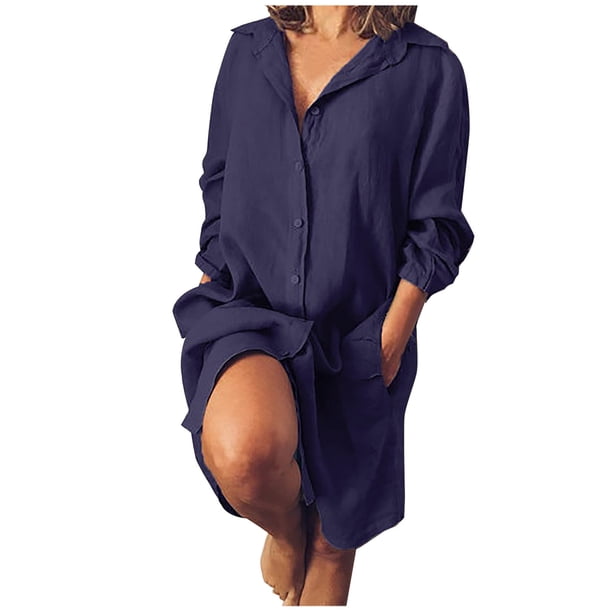 Vestido Cárdigan de Lino Y Algodón Sólido de Manga Larga Con Doble Bolsillo Suelto Para Mujer Odeerbi ODB114873