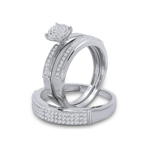 0.50 Carat (ctw) Round White Lab Created Moissanite Diamond Men's and Women's Engagement Ring Trio Bridal Set In 14K White Gold Plated 925 Sterling Silver Size: Women-5.5 & Men-7