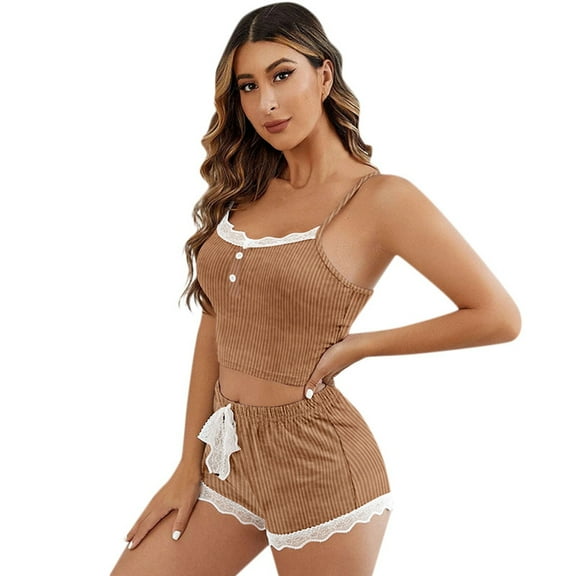 YuYuBao Women Pajamas Sets Summer Solid Color Lace Trim Cami And Shorts Pajamas Wear Home Clothes