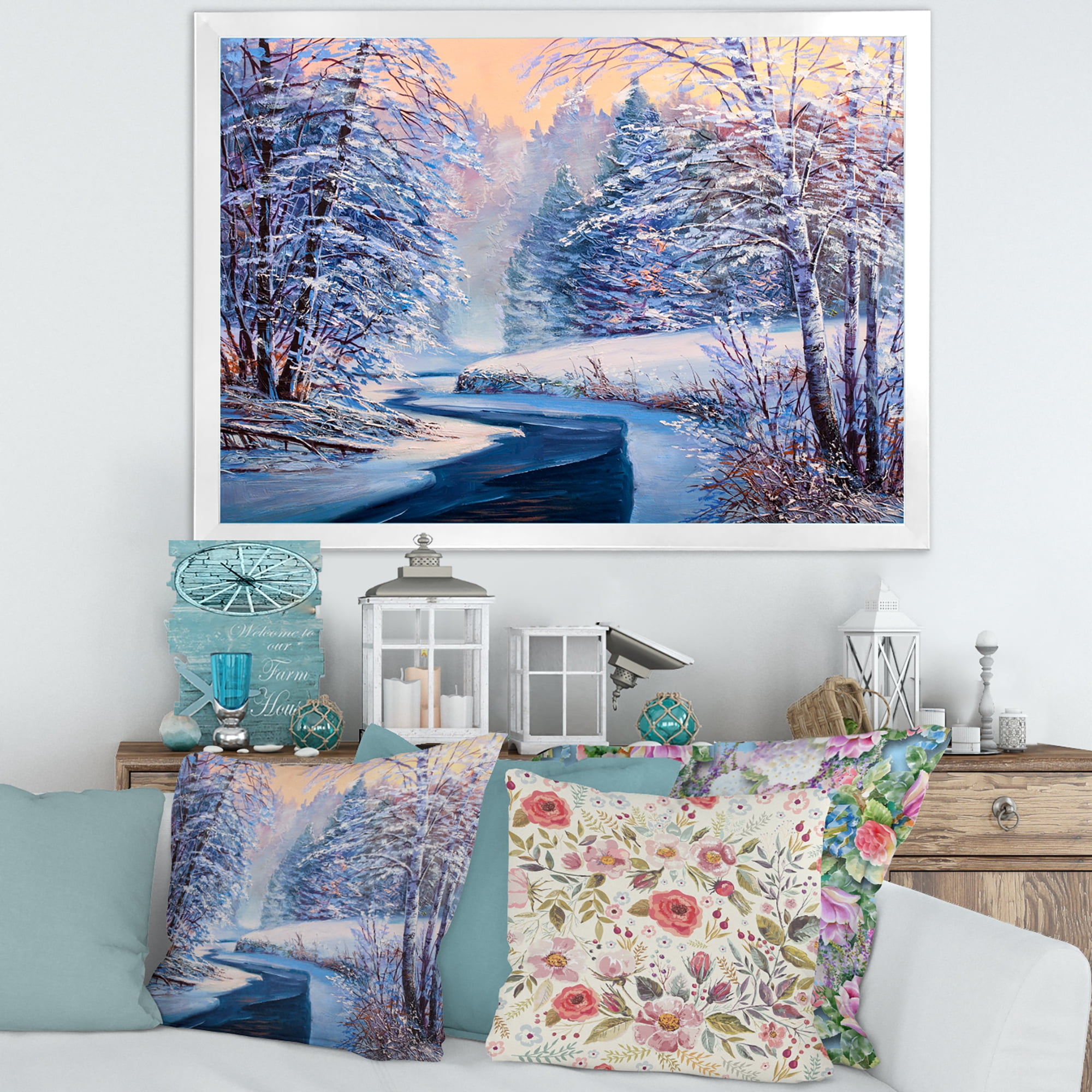 Designart 'Pastel Winter Forest With River' Lake House Framed Art Print