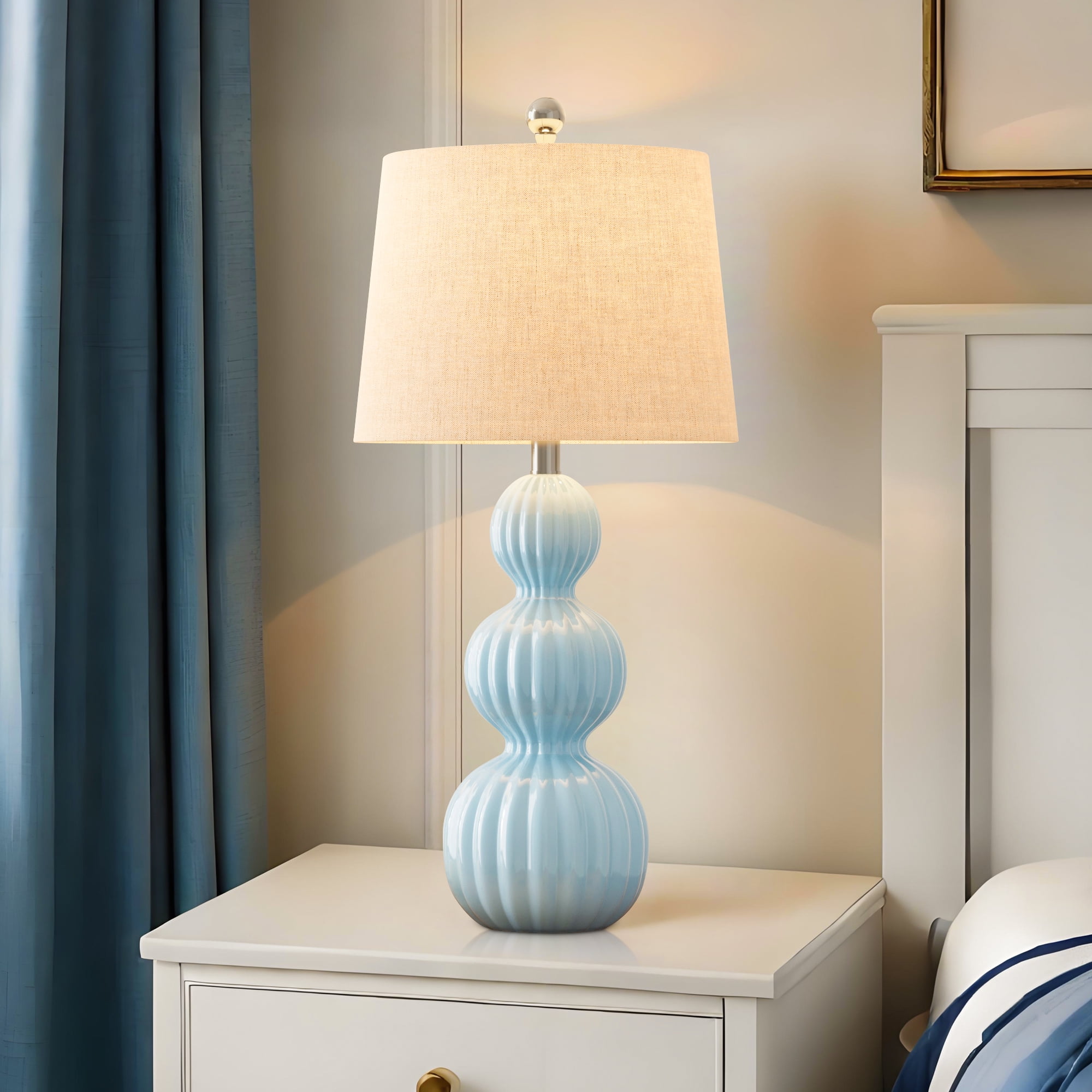 Maxax Blue Ceramic Table Lamps Set of 2, 28-Inch Triple Gourd Design with White Shade for Living Room, Bedroom, Office