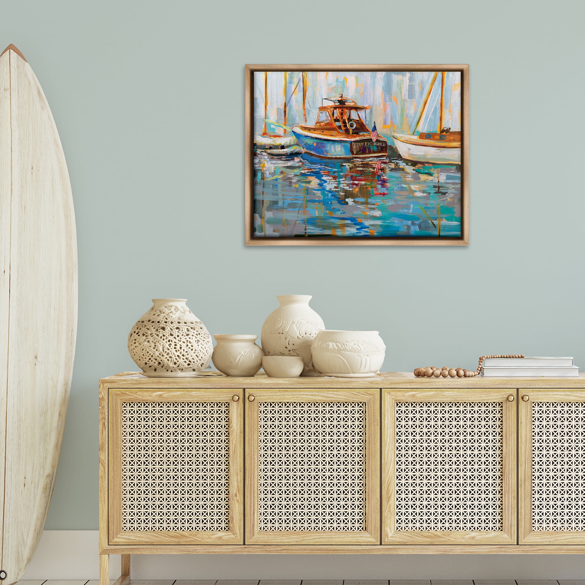 Stupell Industries Old Fashioned Boat Harbor Nautical & Beach Painting Brown Floater Framed Canvas Art Print Wall Art, 31 x 25