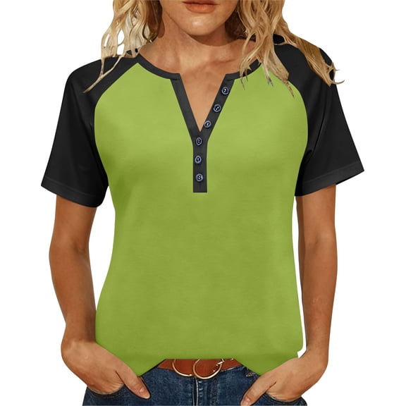 Womens Color Block Tops Short Sleeve Button V Neck Shirts Business Casual Outfit Basic Tees Trendy Summer Tops