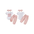 thumbnail image 2 of Loicainy Baby Toddler Girl Summer Outfits 3 6 12 18 Months Letter Print Short Sleeve Round Neck Romper Bow Pattern Pants Headband 3 Pcs Clothes Set, 2 of 9