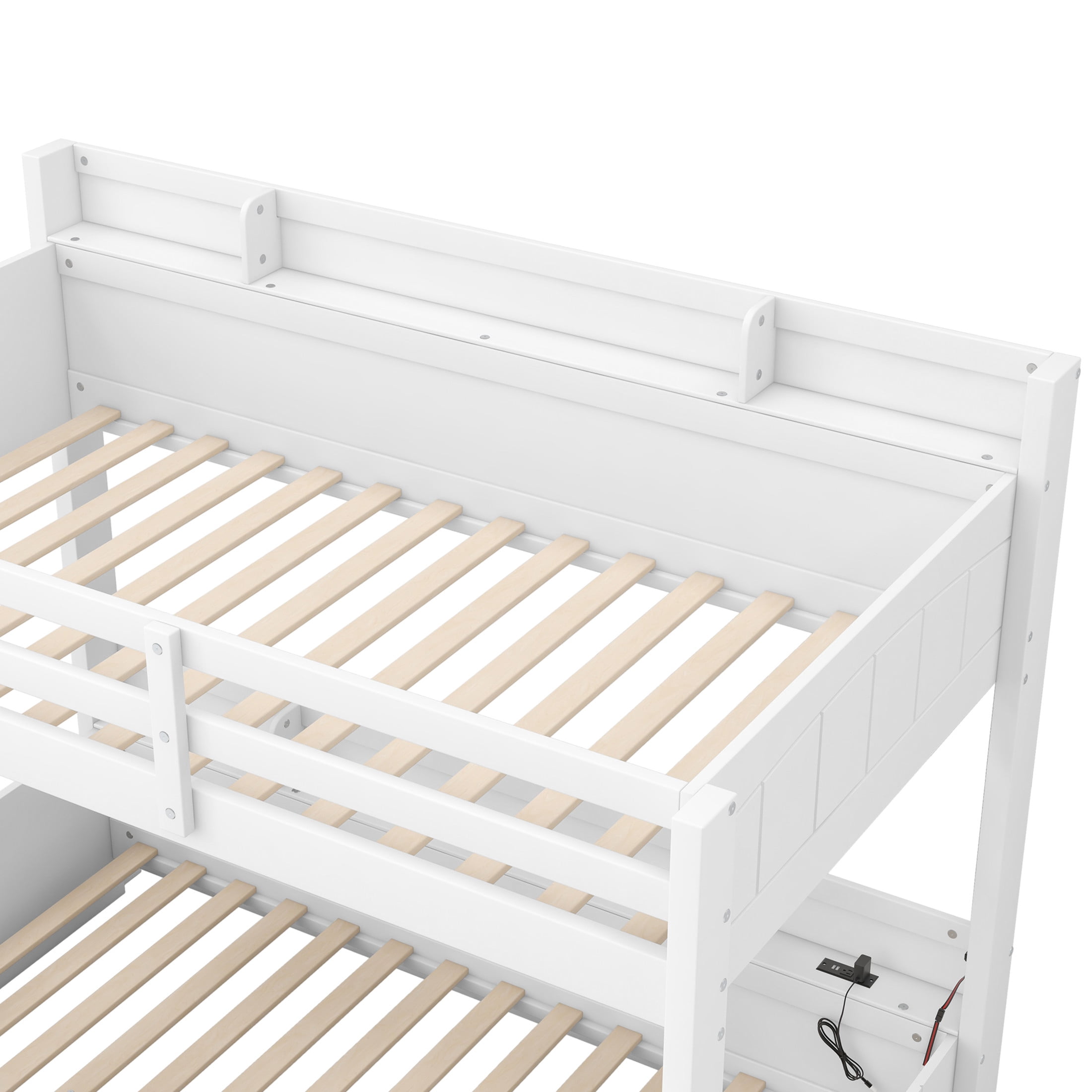 Noble House Alver Twin over Full Bunk Bed with Charging Station, LED Lighting, and Storage Shelves, Space Saving, White
