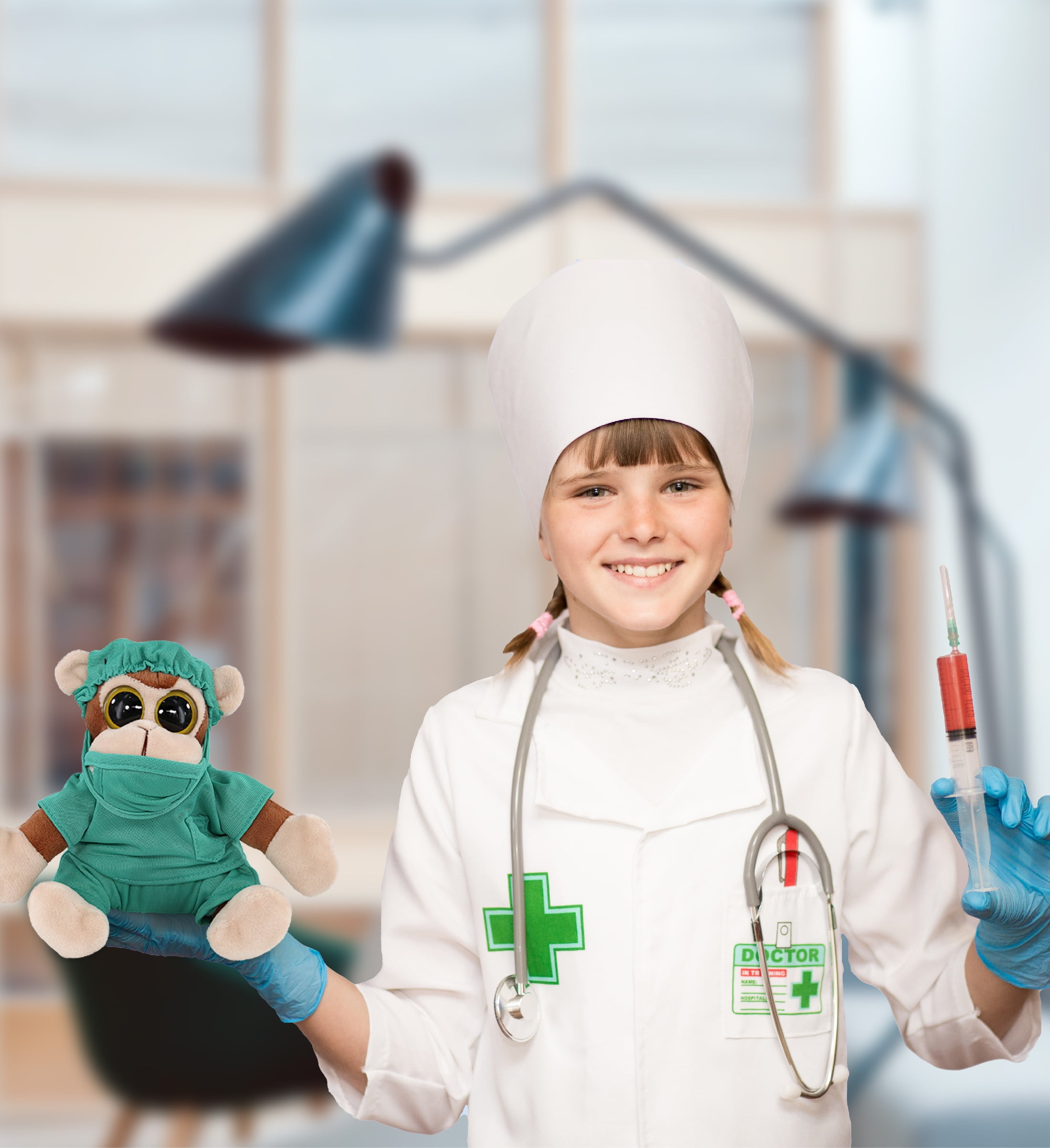 DolliBu Monkey Big Eye 6-inch Doctor Plush Toy - Super Soft Monkey Doctor Stuffed Animal Dress Up with Cute Scrub Uniform and Cap Outfit - Fluffy Doctor Toy Plush Gift - 6 Inches
