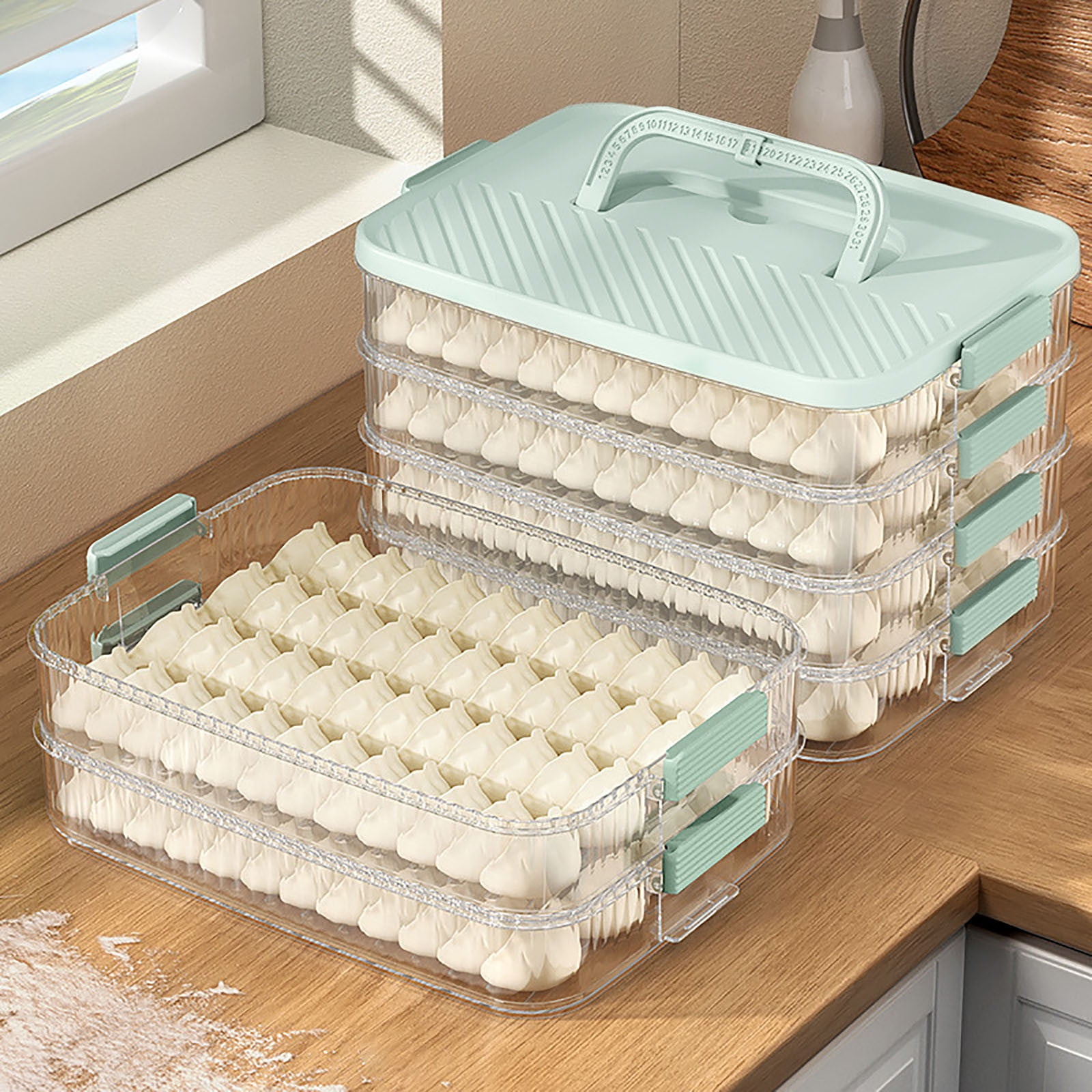 Food Storage Container with Lids 4-Layer Stackable Dumpling Container Airtight Cookie Carrier Freezer Transparent Sealing Dumpling Box Snack Container for Kitchen Fridge