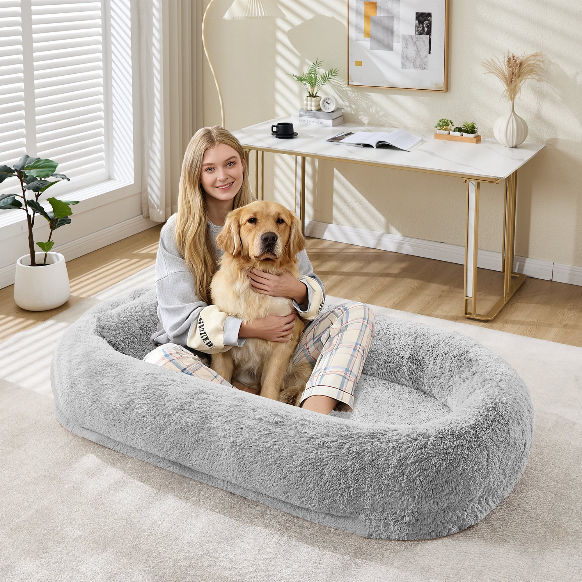 Human Size Dog Bed for People and Pets, 67×43×8 inch Orthopedic Foam Lounger with Removable Washable Faux Fur Cover, Raised Bolster, Side Pocket and Portable Strap, No Assembly Required, Cozy Floor B