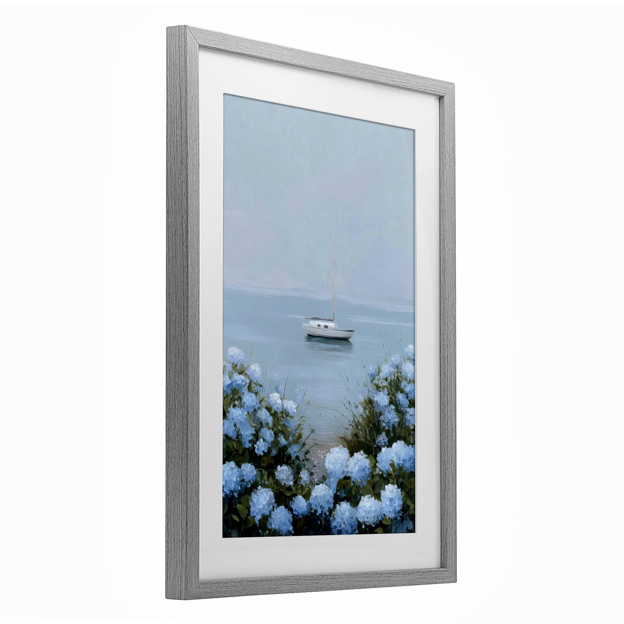 Stupell Industries Yacht in Floral Bay Gray Framed Print Under Glass, design by Petal Prints Design