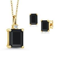 18K Yellow Gold Plated Silver Black Onyx and White Topaz Pendant and Earrings Jewelry Set for Women (4.29 Cttw, Gemstone December Birthstone, Emerald Cut 10X8MM and 6X4MM, with 18 inch Chain)