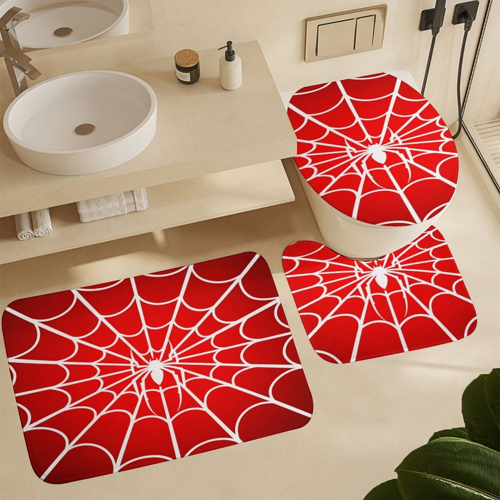 Red Spider Web Black Cartoon Shower Curtain Bathroom Sets Toilet Lid Rug, Rugs Mat Bath Mat And Contour Mat, Shower Curtain 4Pcs