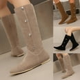 thumbnail image 2 of Womens Mid Calf Boots Suede Pointed Toe Flat Heel Antislip Long Booties Adjustable Button Fold Over Ankle Boots, 2 of 6