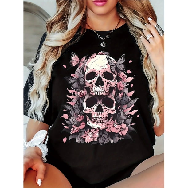 Halloween T-Shirt - Women's Casual T-Shirt | Black Geometric Skull & Floral Print, Stretchy Fabric, Round Neck Short Sleeve Top for Spring/Summer, Machine Washable Comfort Fit