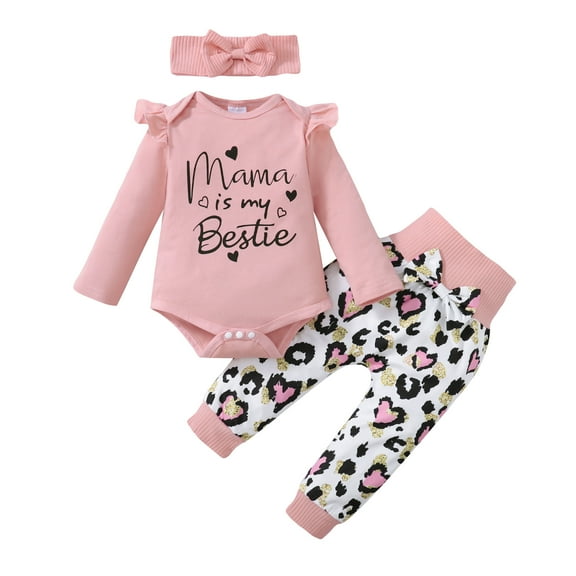 Kucnuzki Newborn Baby Girls Outfits 3-6 Months Ruffle Long Sleeves Romper Letter Print Top Leopard Pants Headband 3pcs Pant Sets Fall Winter Pink