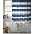 thumbnail image 2 of Split Shower Curtain for Transfer Bench, Navy Blue Grey Stripe Fabric Shower Curtains for Bathroom, Minimalist Farmhouse Striped Tub Sliding Transfer Bench Waterproof Bath Curtains 72"x72", 2 of 9