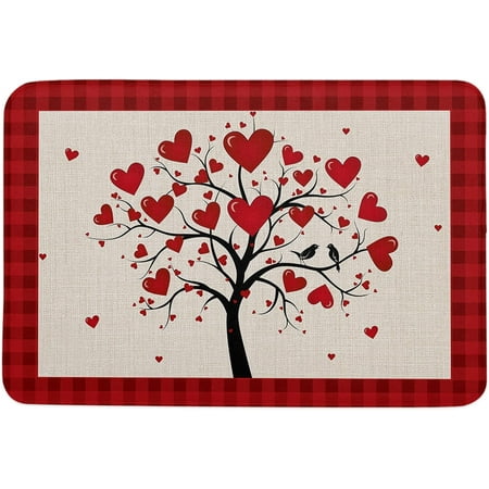 

Happy Valentine s Day Door Mat Anti-Skid Welcome Mat Absorbent Floor Mat Front Doormat for Kitchen Bathroom Entryway Patio High Traffic Areas Love Heart Tree and Red Plaid 24x16 Inch