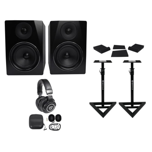 Pair Rockville APM6B 6.5" 350W Powered Studio Monitors Stands Pads Headphones