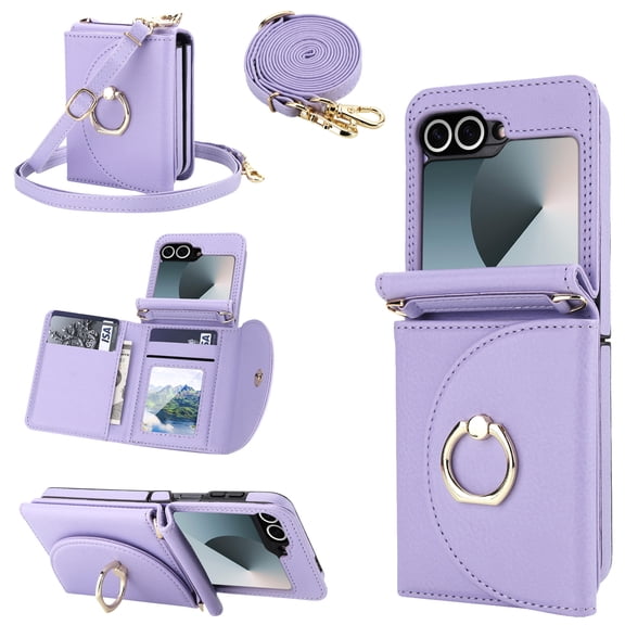 For Samsung Galaxy Z Flip 6/7 FE Case with Wallet & Crossbody Strap, Protective Flip Cover with Ring Grip Kickstand, Premium PU Leather Purse Case with RFID Blocking Credit Card Holder,Light Purple