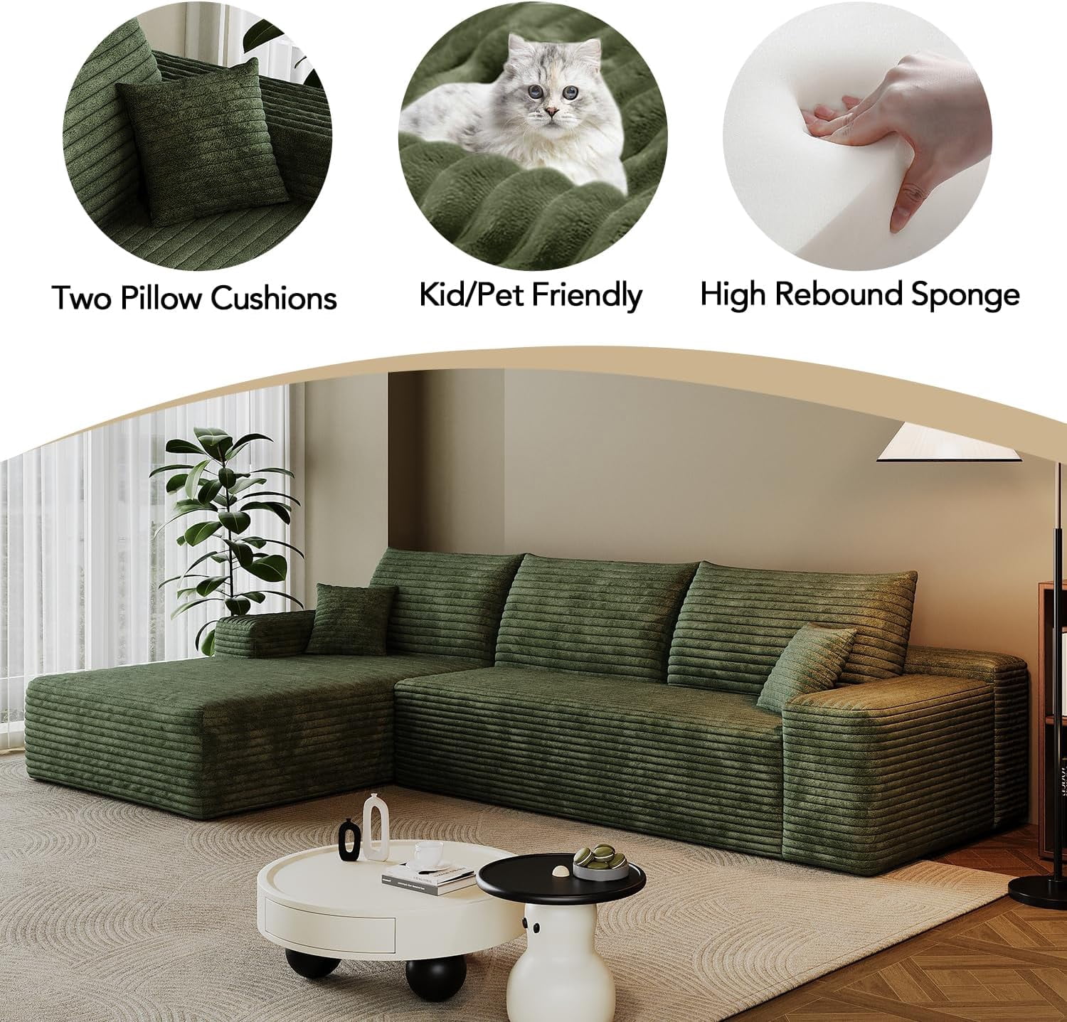 103" Cloud Sectional Sofa, Modern L Shaped Deep Seat Couch, Plush Corduroy Upholstered Sofa No Assembly, Living Room